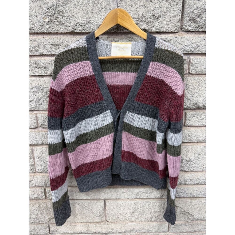 Striped V-Neck Knit Cardigan - Pink, Burgundy & Gray